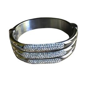 Triple Row Crystal Stainless Steel Bangle Bracelet with bullet accent